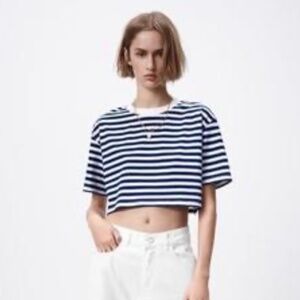 Zara Striped Crop Blue and White T-Shirt Size S